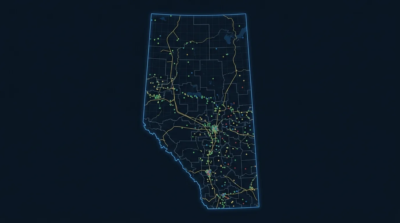 FracturingHub dashboard preview for searching public Alberta well records, researching operators, and building prospect lists